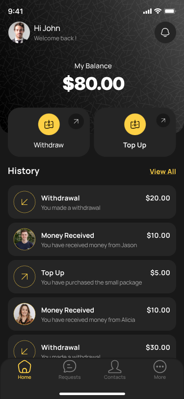 Spot a Bro app home screen showing balance, withdraw and top up actions, and transaction history. Sample UI for illustration.